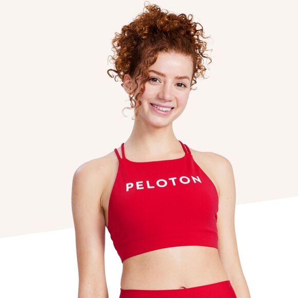 Peloton Women’s M High Neck Strappy Sports Bra Classic Red Padded Athletic Gym - Picture 1 of 9